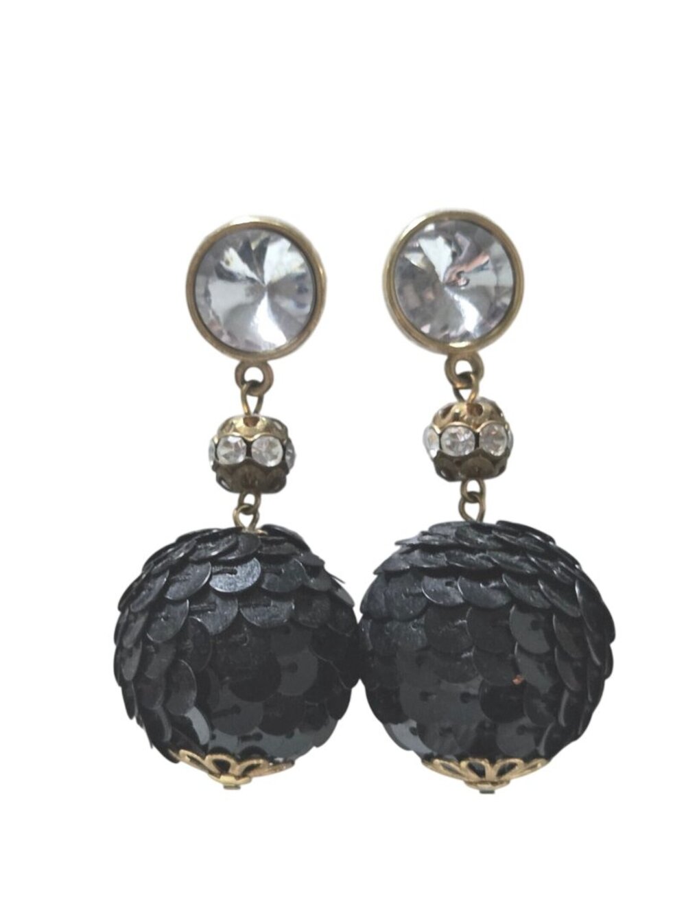 Disco Glam Ball Drop Earrings Black Sequin Crystal Accents Cocktail Jewelry